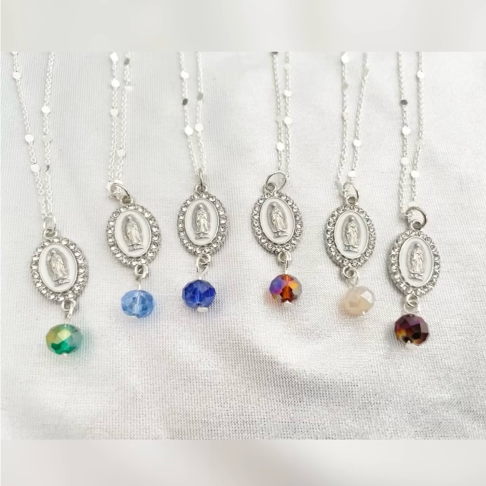 Dainty Silver Virgin Mary Pendant Necklace with faceted glass round bead
